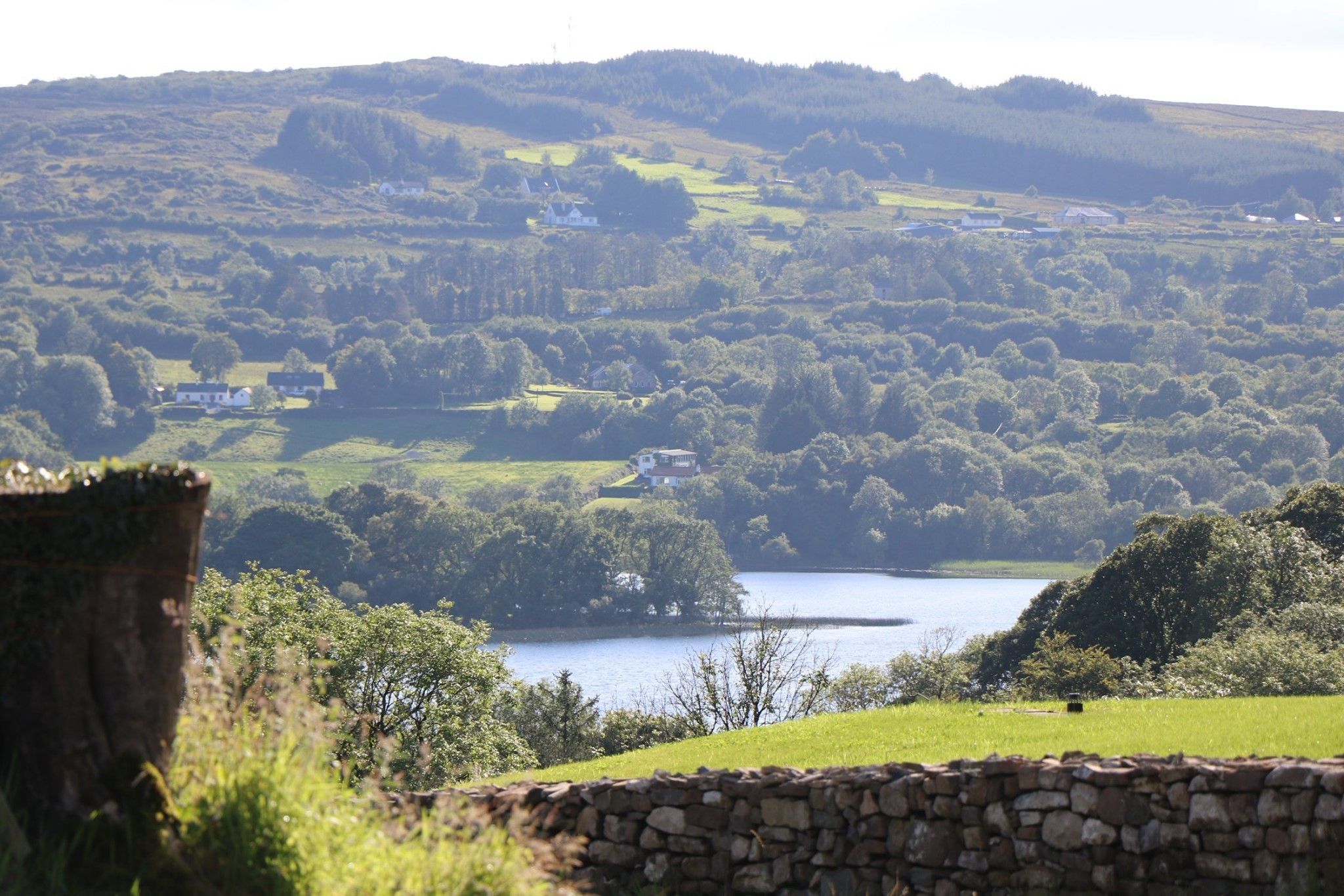 view of lough key with lake and hills behind