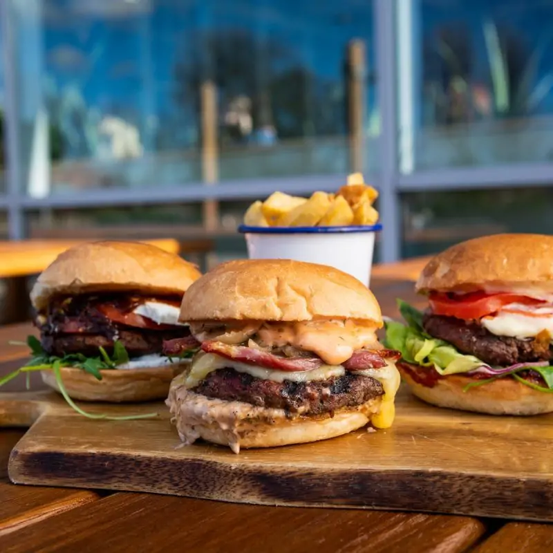 3 organic burgers on a wooden board