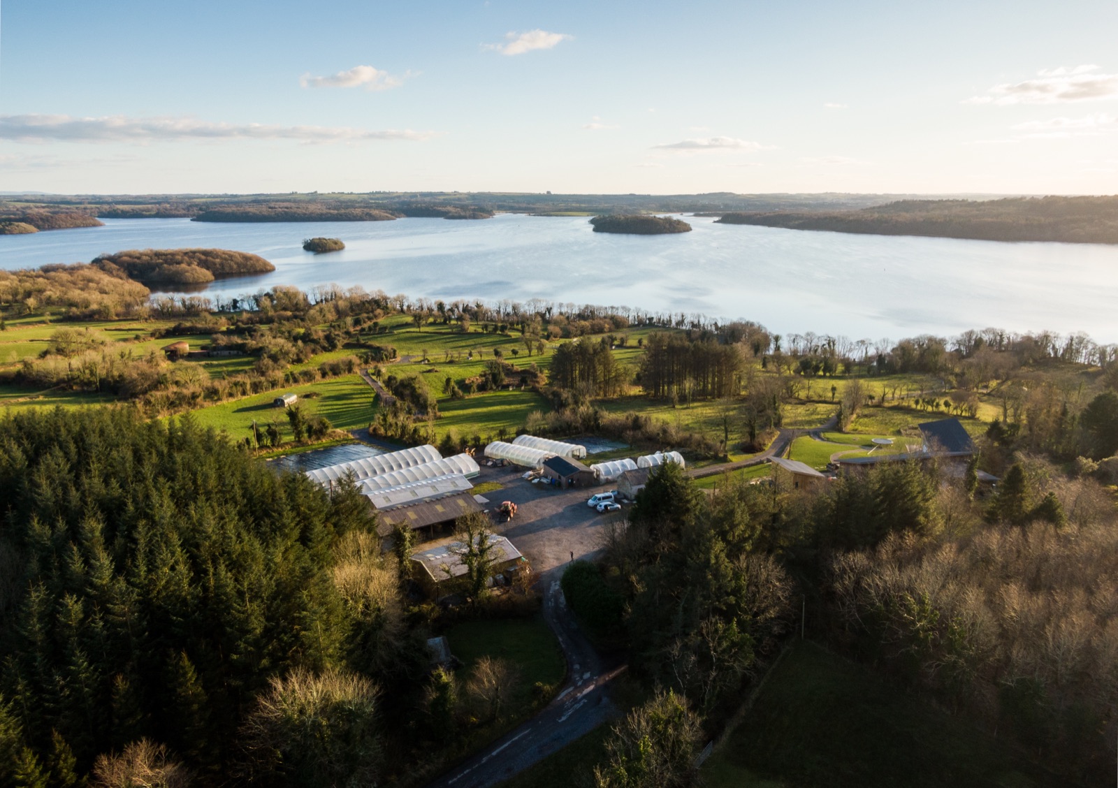 Drumanilra Organic Farm on the shores of Lough Key from the air