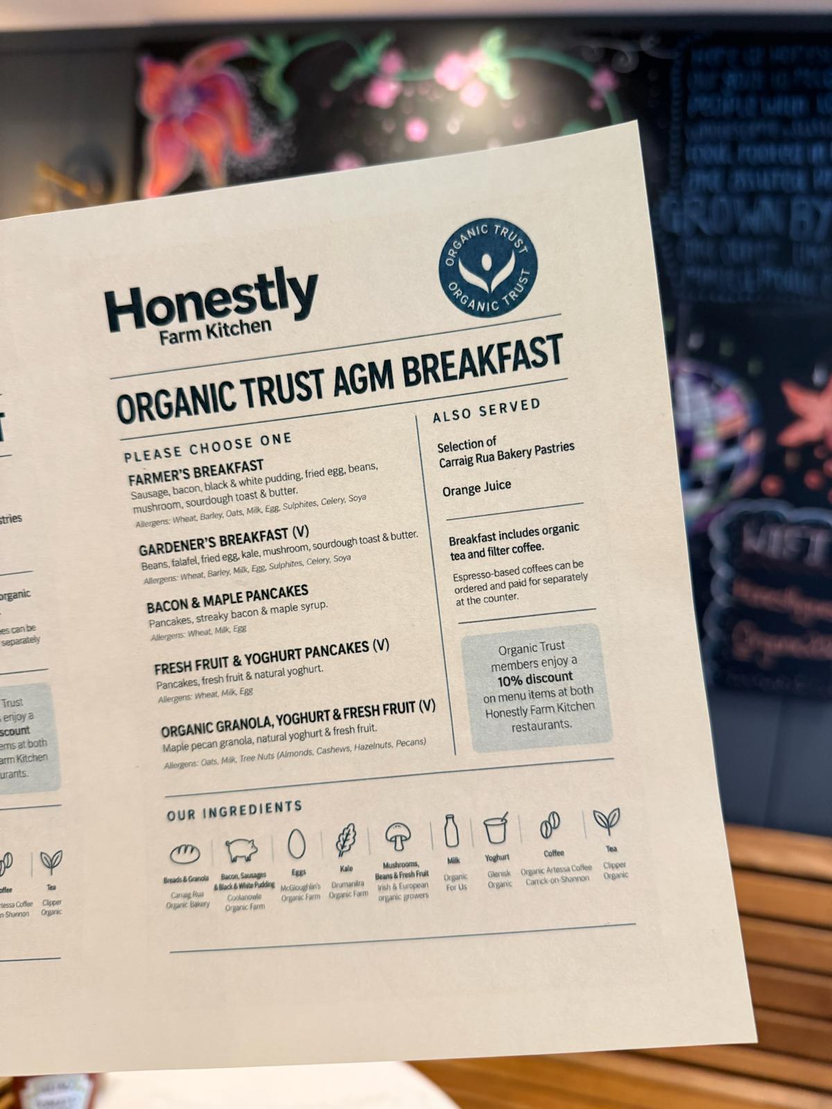 The printed Organic Trust AGM Breakfast menu, with the Honestly Farm Kitchen and Organic Trust marks at the top